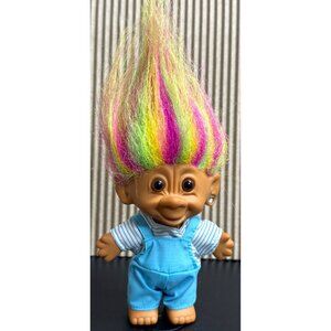 Vintage Bright of America 4" Troll Doll Rainbow Hair Blue Jumper Ear Ring